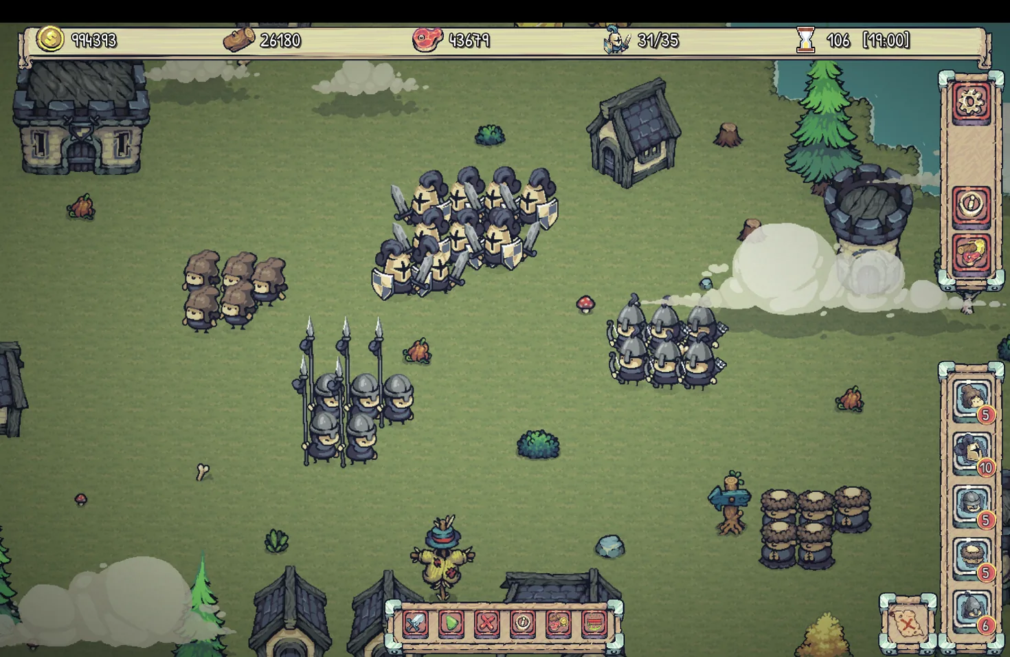 A large army of knights, spearmen and archers formed up on open grass