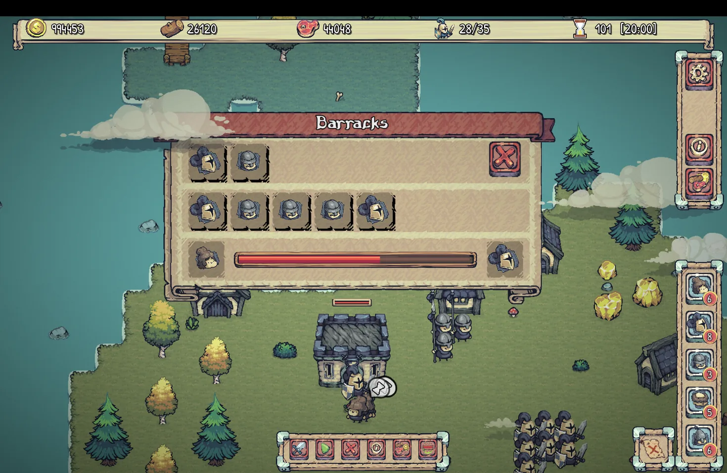 The barracks interface with garrison slots and a unit training progress bar