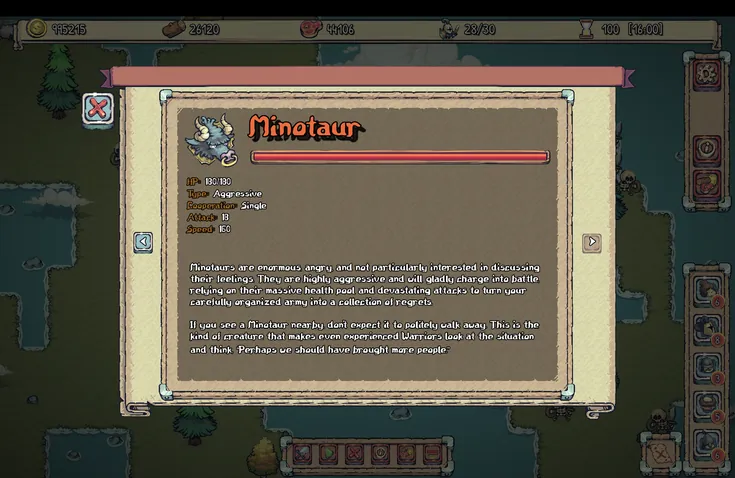 A parchment bestiary card for the minotaur showing health, attack and speed