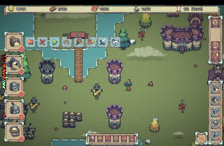 The build menu, with a rival castle on the horizon