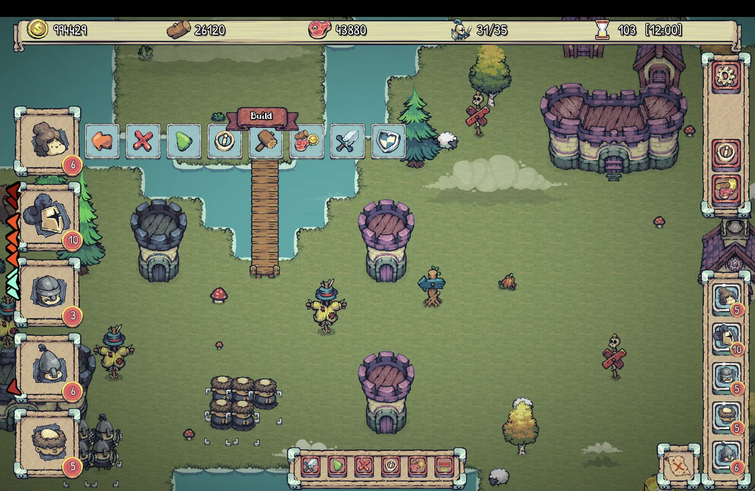 The build menu open over a settlement, with a rival castle visible in the distance