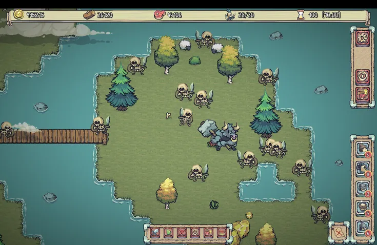 Skeleton warriors and a minotaur defending an island across a bridge