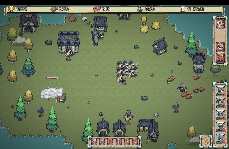 A coastal settlement at day 99, with knights ready to march