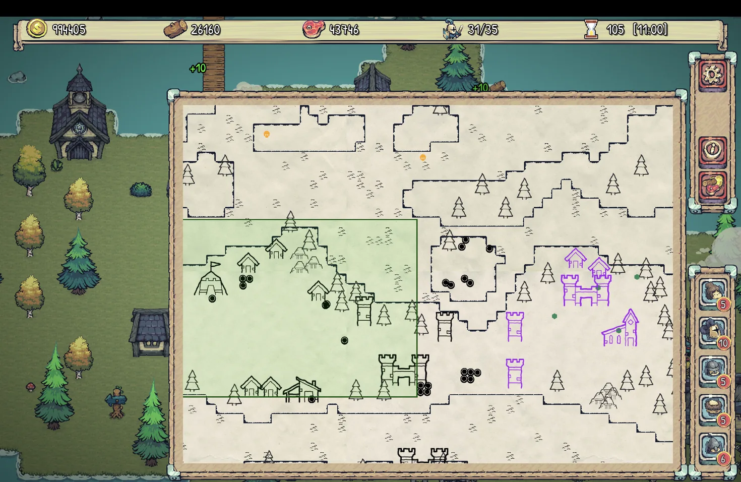 The parchment strategy map showing friendly green territory beside a rival purple kingdom
